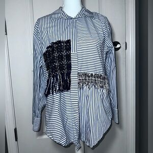 Zara Woman Patchwork Striped Button Down Tweed Fringe Shirt Size S